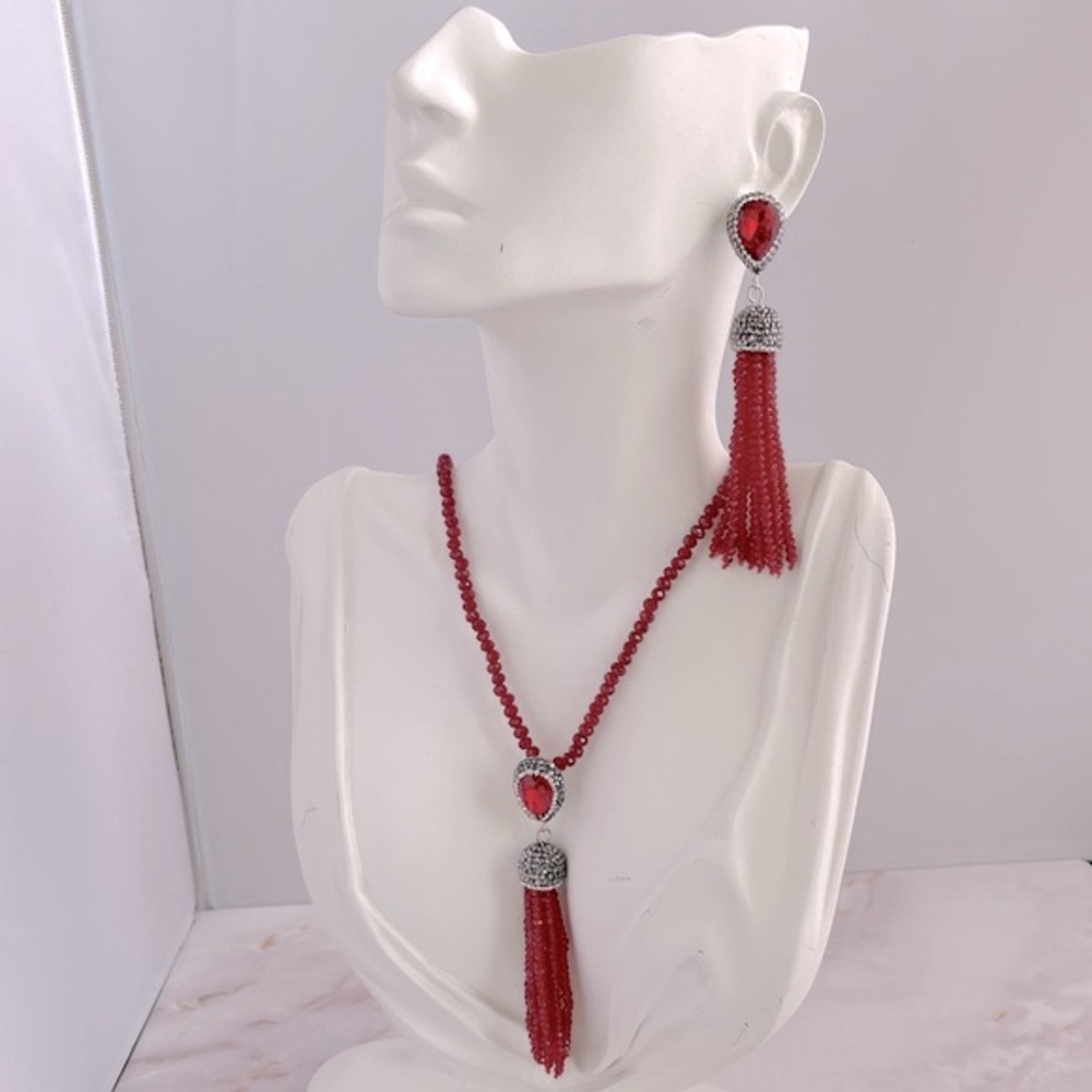 Necklace and Earring Set (Red) Beaded with Crystals - NEW